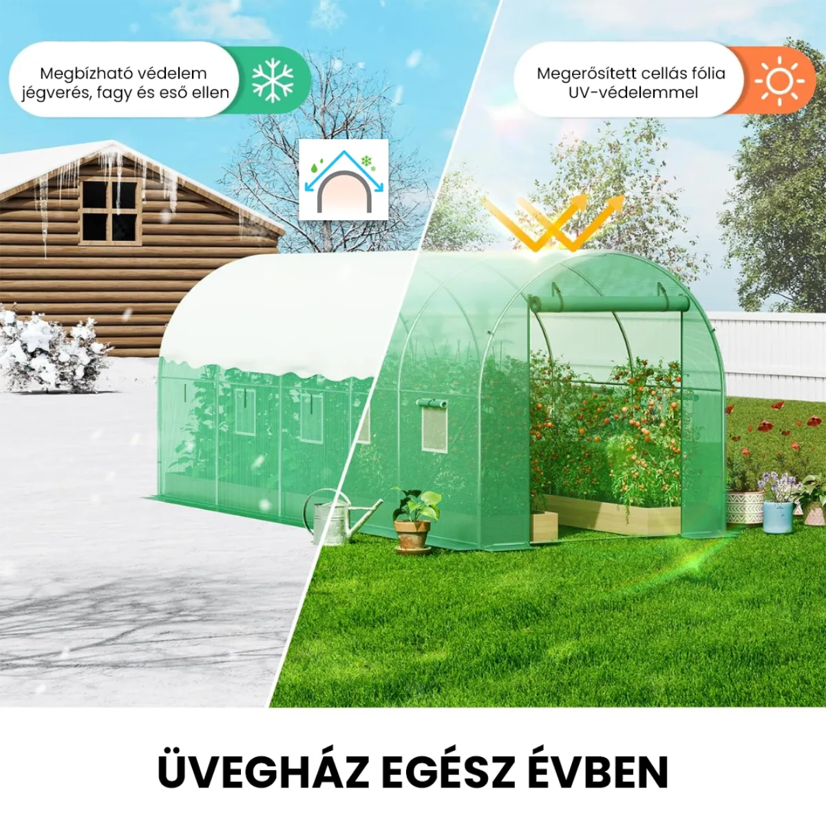 Fóliasátor – stabil váz, dupla ajtó, UV védelem