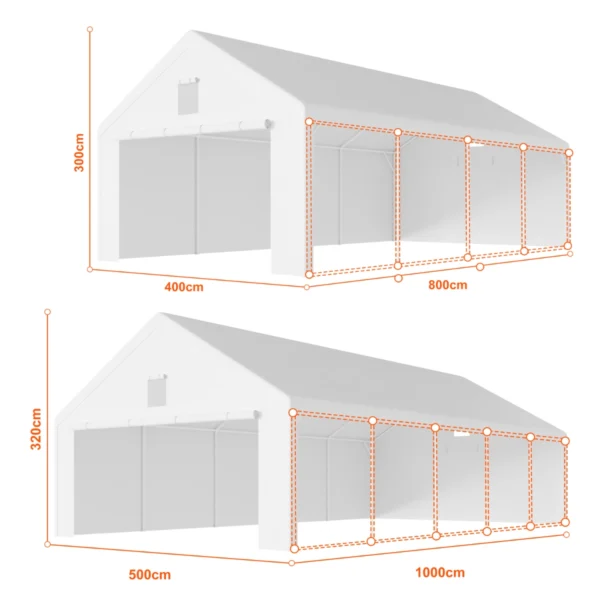 garazs-sator-5x10m-osszehasonlitas Garázs sátor – prémium 38 mm-es váz + 280 g/m² ponyva