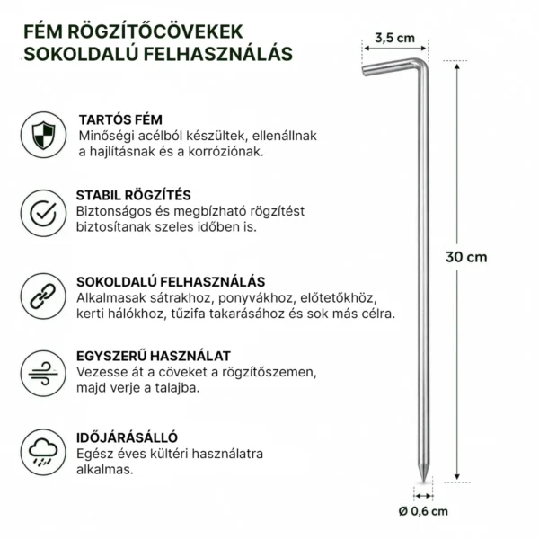 Fém rögzítő cövekek sátrakhoz és ponyvákhoz 30 cm – 10 db
